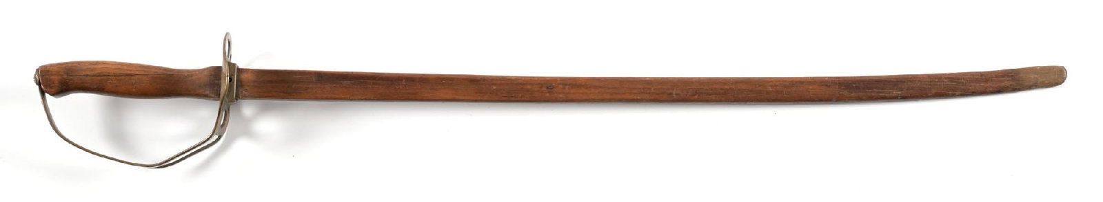 CIVIL WAR ERA WOODEN PRACTICE SWORD: 37" length with brass cut-out guard. CONDITION: Very good. Dimensions: 37" L.