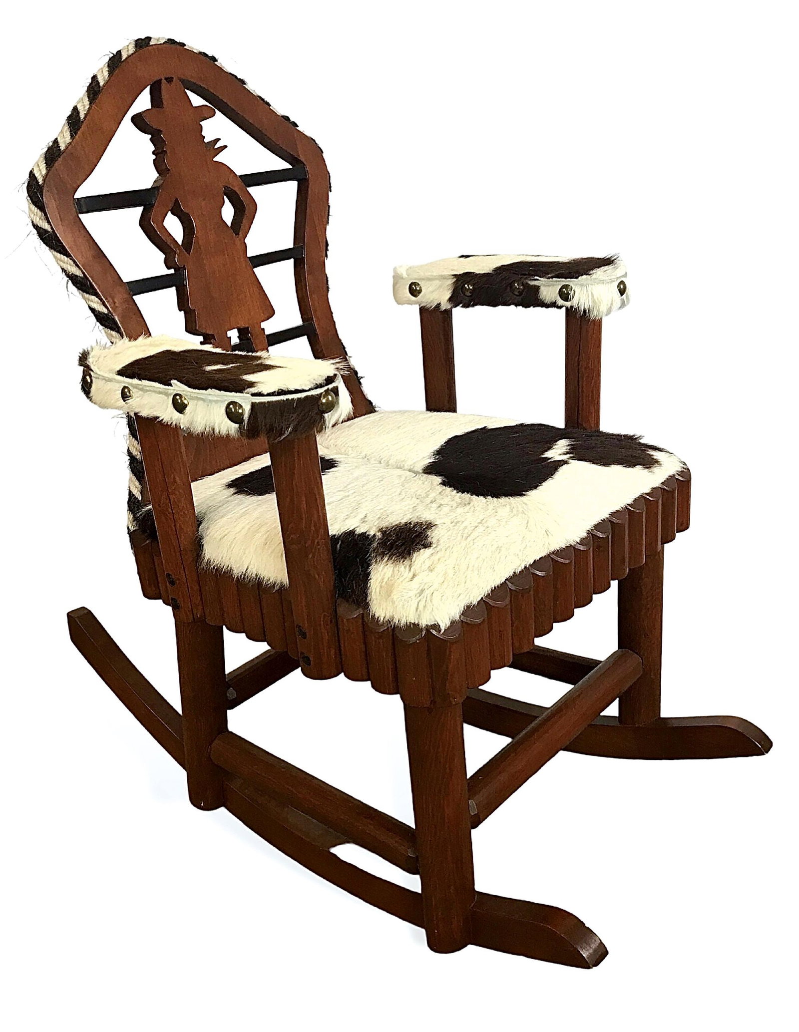 NEW WEST CO. "COWGIRL" ROCKING CHAIR: A keyhole style rocking arm chair with cowgirl silhouette cutout design on the back. Inspired by a Molesworth cowboy armchair that used an Edward Grigware gunfighter silhouette. A whimsical new take o