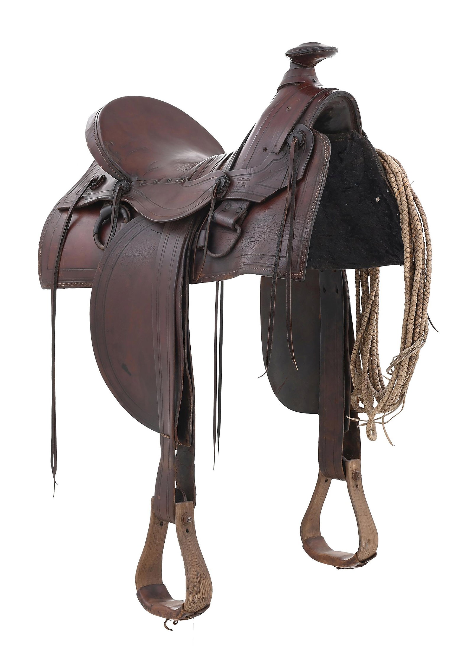 VERY EARLY H. H. HEISER HALF-SEAT SADDLE: A nice half-seat saddle with line tooling throughout Cheyenne cantle and Hope-style flat horn. Very early saddle with the block letter stamp of H. H. Heiser, maker, Denver, Col. This is a catalog-styl