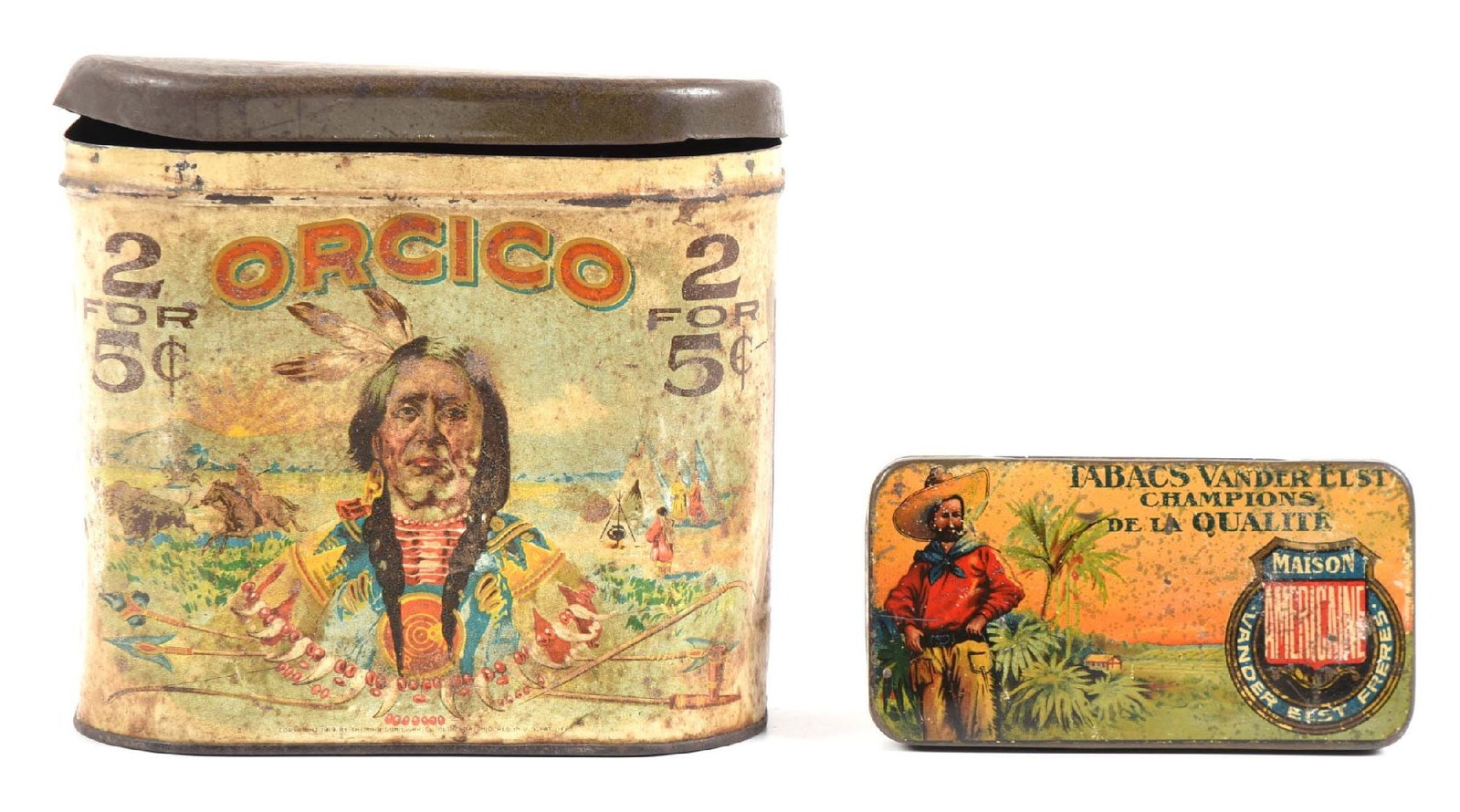 LOT OF 2 TOBACCO TINS: a) "Orcico" 2 for 5c Indian cigar early tin litho can, colorful Native American graphics, copyright 1919 Orcico Cigar Company, Bethesda, Ohio, double sided. 5 1/2" x 6 1/8" x 4 1/8". Shows wear, scrap