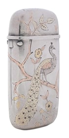 GOLD INLAY MATCH SAFE WITH PEACOCK