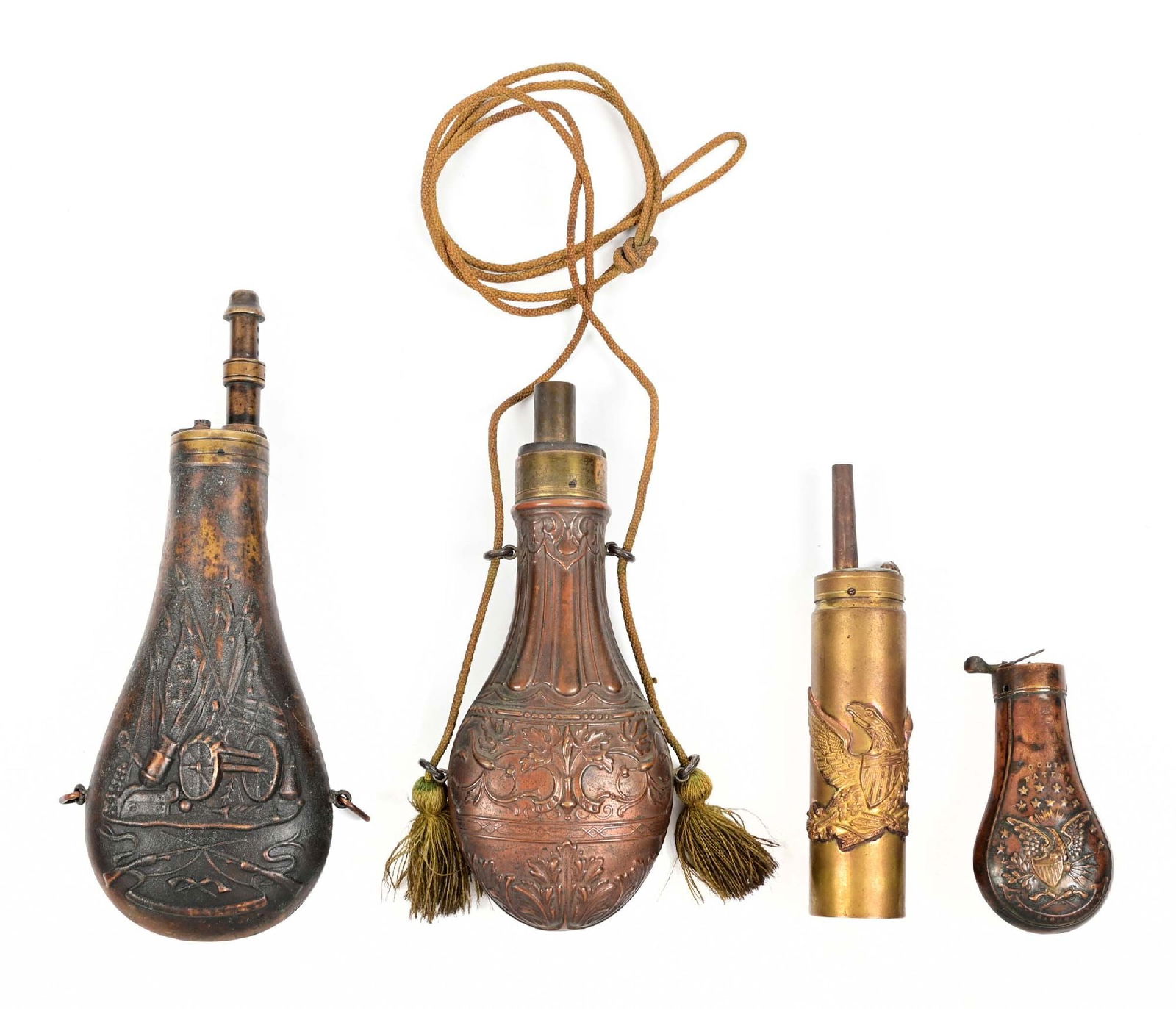 LOT OF 4: METAL GUNPOWDER FLASKS: Mixed lot of antique copper powder flasks, military and civilian styles. CONDITION: Good, one has spout missing. Dimensions: Largest: 9 1/2" x 4" x 1 1/2".