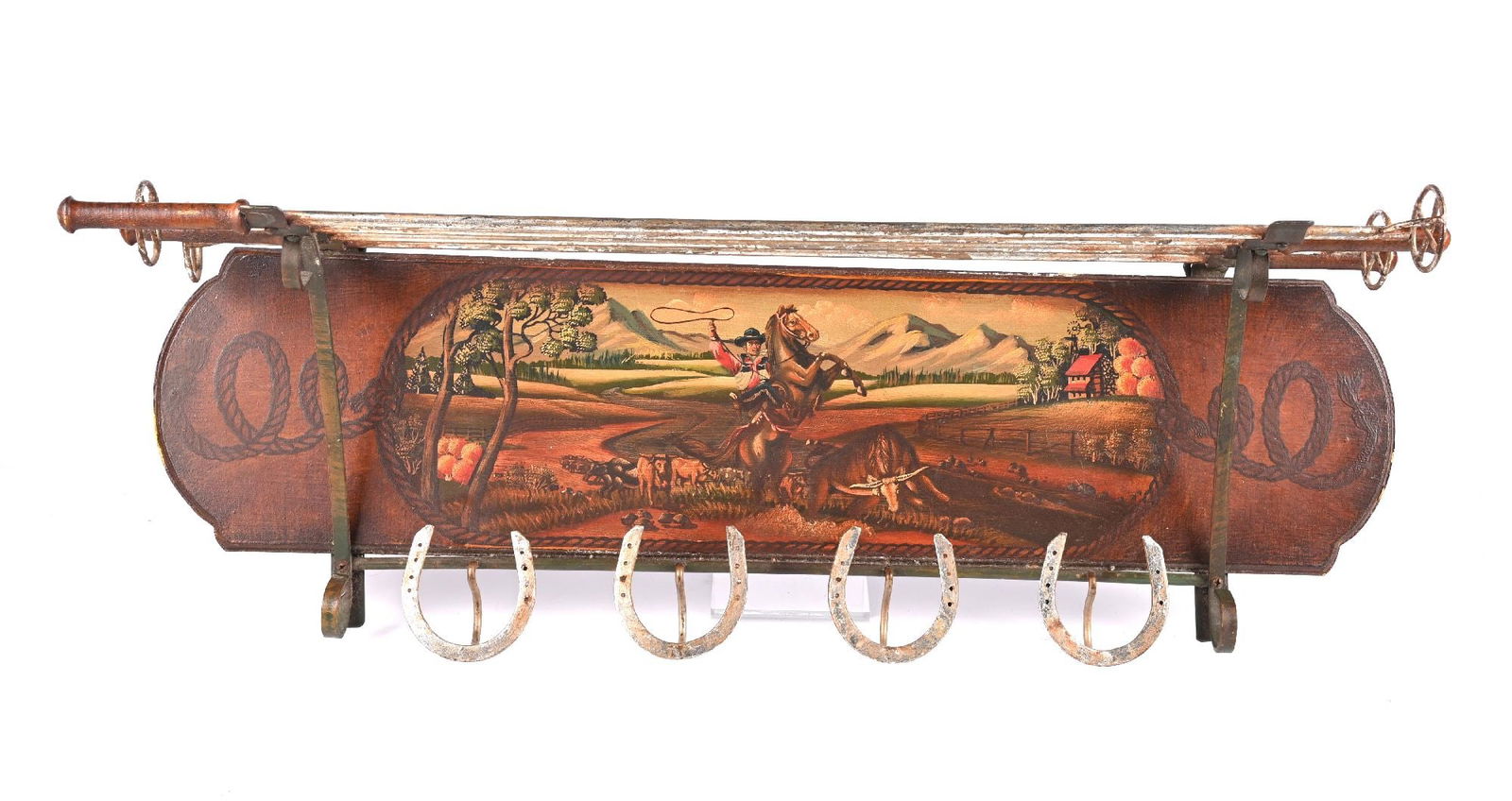 HORSESHOE COAT RACK: Hand made painted western motif hat or coat rack. CONDITION: Very good. Dimensions: 37" x 12" x 12".