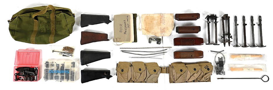 LOT OF DESIRABLE BROWNING AUTOMATIC RIFLE (B.A.R.) MACHINE GUN ACCESSORIES.: Lot of useful and sought after Browning Automatic Rifle accessories. Includes: Four bipod legs (two pieces) plus 2 new in wrapper dated &#8220;12-66&#8221;, Two stripped composite and one wooden 1918A