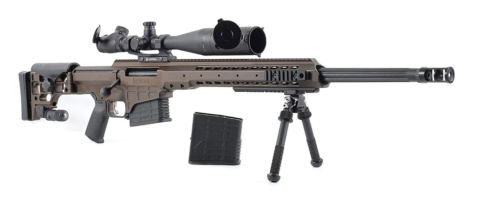 (M) BARRETT MRAD .338 LAPUA MAGNUM BOLT ACTION SNIPER RIFLE.: The Barret MRAD (Multi-Role Adaptive Design) is fielded worldwide in sniper roles, including by the US Army as the MK 22. Gun features a quick detach fluted matte black finished barrel with 2 chamber