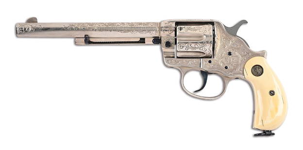 (A) EXQUISITELY ENGRAVED SILVER PLATED COLT M1878 DOUBLE ACTION REVOLVER.: While there is no Colt letter nor any provenance, the back strap on this revolver is engraved "JACK HOXIE". He was an accomplished rodeo star and appeared with several Wild West shows of the period bu