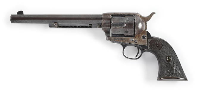 (A) FINE ANTIQUE COLT SINGLE ACTION ARMY .45 LC REVOLVER.: The accompanying factory letter verifies all of this revolvers components such as length, finish and caliber with exception to stocks not listed along with the notation that this gun is listed as engr