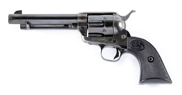 (C) COLT 1ST GENERATION PRE-WAR SINGLE ACTION ARMY REVOLVER.: Manufactured in 1932. Colt did not produce a .38 special until 1929. This revolver is standard in all respects with blue and case color finish with Colt checkered gutta percha grips. Barrel has tradit