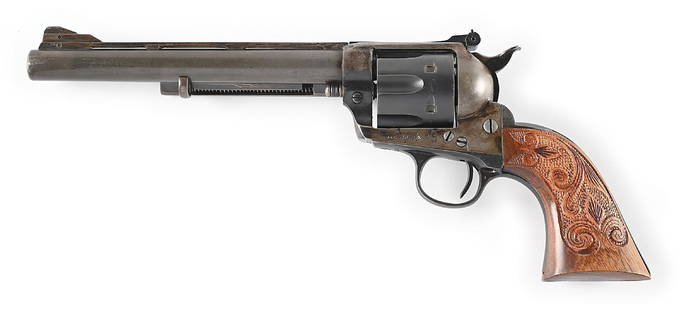 (C) CUSTOM COLT SINGLE ACTION ARMY REVOLVER.: Manufactured in 1912. This single action has original beveled cylinder with removeable bushing. The barrel is stamped .38 Colt on left side but cannot see barrel address since a King style full vent r