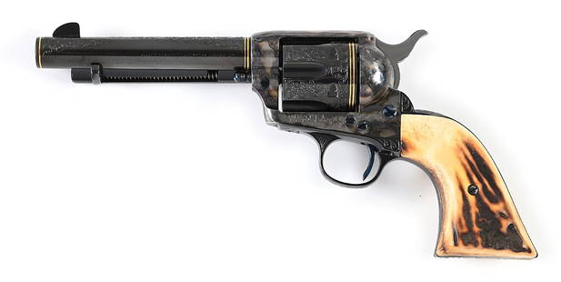 (C) ENGRAVED AND GOLD INLAID COLT SINGLE ACTION ARMY REVOLVER.: Manufactured in 1901. Shows matching numbers on frame, trigger guard and back strap. Finish is blue and case color and sports a pair of stag grips. The barrel is a post-1950 replacement with Colt lege