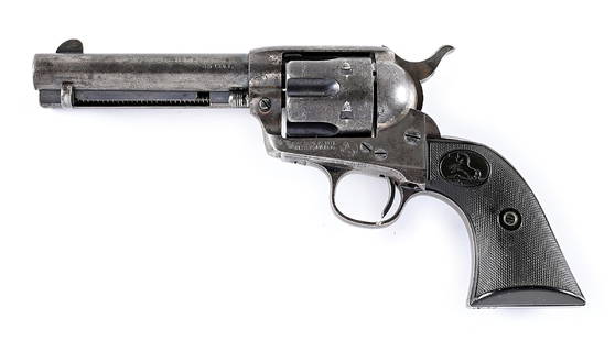 (C) 19TH CENTURY COLT SINGLE ACTION ARMY .45 REVOLVER.: Manufactured in 1899. Letter states this was part of a 25 gun shipment to Simmons Hardware on January 24, 1899 listed as .45 caliber, blue with 4 3/4" barrel. Standard smokeless frame Colt with two li