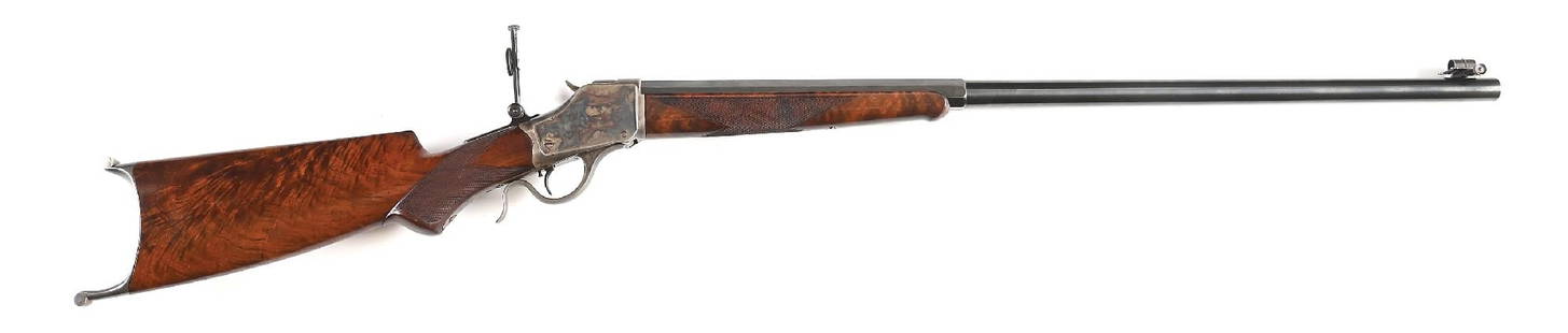 (A) SPECIAL ORDER DELUXE WINCHESTER MODEL 1885 HIGH WALL .38-55 SINGLE SHOT RIFLE.: This attractive example of a special order deluxe 1885 was shipped March 20, 1890. It sports a No. 3 octagon to round barrel finished in high polish blue. Factory wind gauge front sight and mid-range