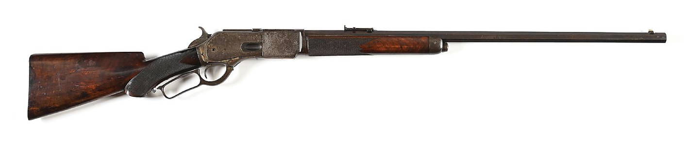 (A) SPECIAL ORDER DELUXE WINCHESTER MODEL 1876 LEVER ACTION RIFLE.: According to included factory research, this deluxe rifle shipped March 26, 1880. It sports a an octagon barrel with dovetailed German silver blade front sight, "1876" marked ladder rear sight, and ha
