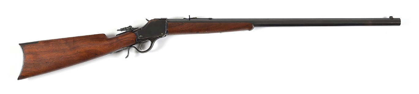 (C) RARE .50-95 EXPRESS WINCHESTER MODEL 1885 HIGH WALL SINGLE SHOT SPORTING RIFLE.: Dates to 1912. It is estimated that less than 300 Model 1885s were made in this caliber. This example sports a number 3 octagon barrel with a dovetailed bead front sight, a Winchester semi-buckhorn sp