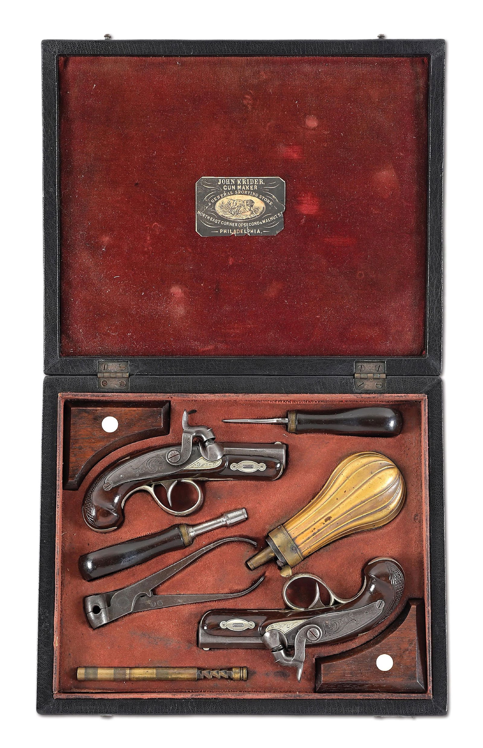 (A) CASED TRUE PAIR OF JOHN KRIDER PERCUSSION DERRINGERS.
