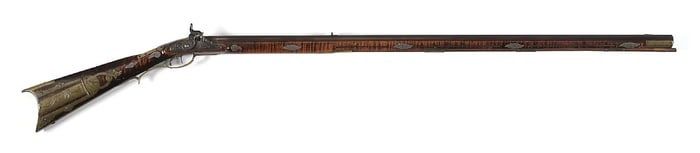 (A) FANTASTIC INCISE CARVED J.H. JOHNSTON PERCUSSION KENTUCKY RIFLE WITH 17 SILVER INLAYS.