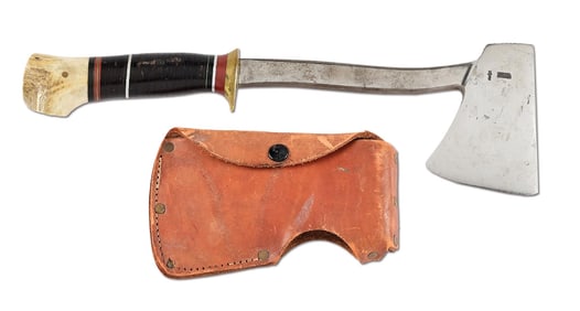 SCARCE SCAGEL HATCHET OR CAMP AXE WITH LEATHER SCABBARD.