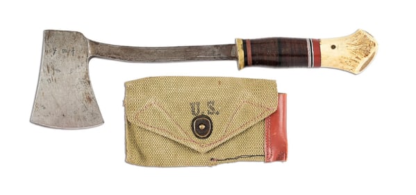 VERY RARE SCAGEL HATCHET OR CAMP AXE IN WWII SCABBARD.
