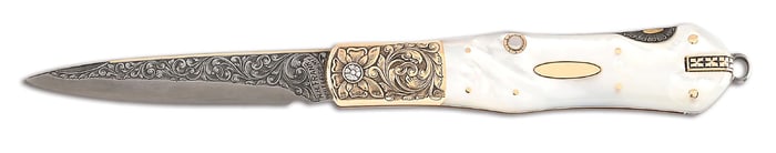 H.H. FRANK CUSTOM 1982 14K GOLD AND MOTHER OF PEARL LOCKBACK DAGGER.