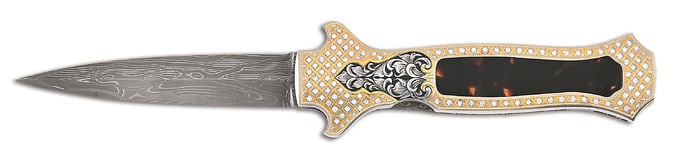 JOE KIOUS CUSTOM FRONT LOCK AUTOMATIC WITH EXOTIC INLAY ENGRAVED BY JULIE WARENSKI.