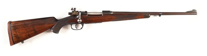 (C) CUSTOM PRE-WAR MAUSER .35 WHELEN BOLT ACTION RIFLE WITH GOLD ACCENTED ENGRAVING ON BOTTOM METAL.