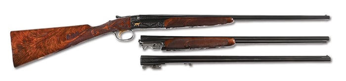 (C) WINCHESTER MODEL 21 3 BARREL SET IN .410, 28 , AND 20 GAUGE, UPGRADED TO GRAND AMERICAN