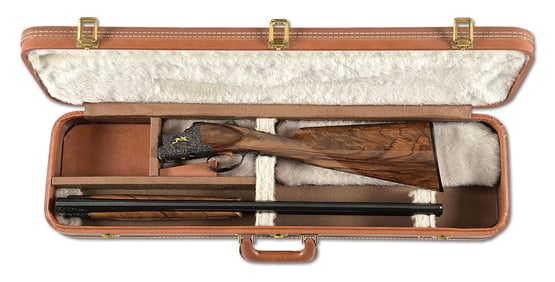 (M) BROWNING MIDAS GRADE ULTRALIGHT 12 GAUGE SUPERPOSED SHOTGUN WITH ENGRAVING BY DEBRUS AND VOS, IN