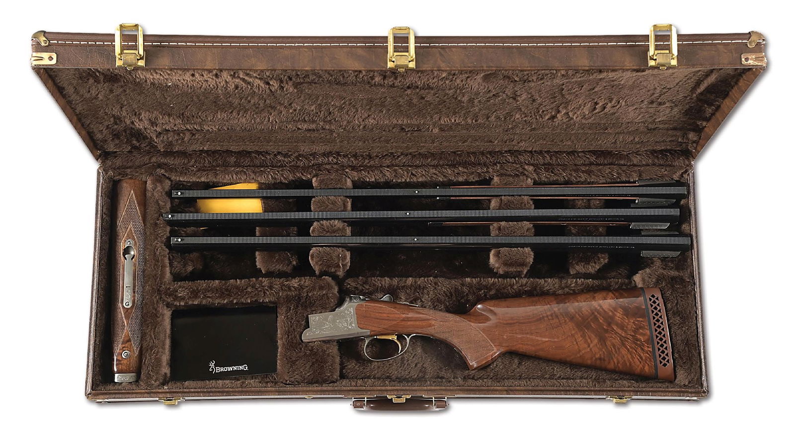 (M) ENGRAVED BROWNING CITORI OVER/UNDER SHOTGUN SET, WITH .410, 28 GA, AND 20 GAUGE BARRELS.: Circa 1993. K3 code for a 20 gauge Citori 425. With three sets of barrels, all marked "**$" for Skeet chokes in all six tubes. Vent ribs fit with white composite mid and Bradley style front beads, 28