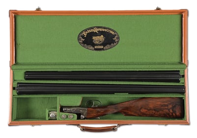 (M) CASED PARKER REPRODUCTION DHE 20 BORE SIDE BY SIDE SHOTGUN 2 BARREL SET.