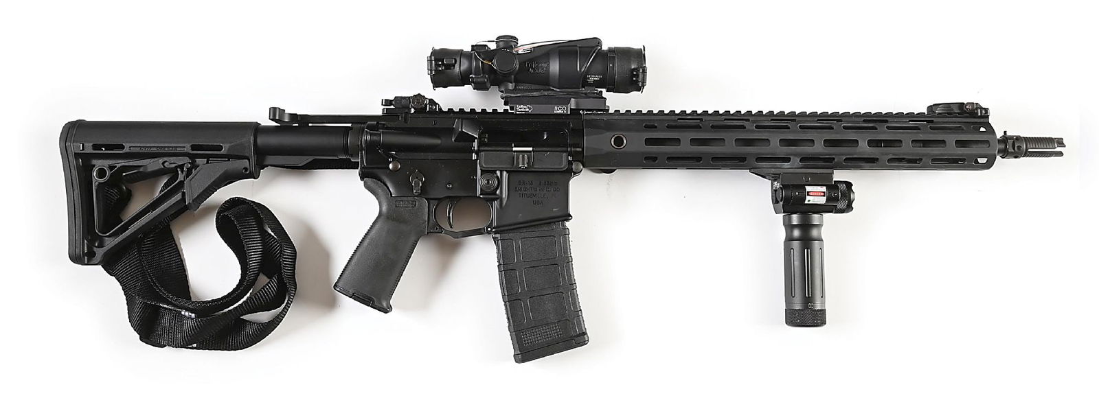 (M) KNIGHTS ARMAMENT STONER RIFLE SR-15 MODEL 2 SEMI-AUTOMATIC RIFLE WITH ACOG.: Of quality, contemporary production. Standard chrome lined barrel with 3-prong flash hider. MLOK forend with full length picatiini optics rail. The factory adjustable Knights Armament flip up iron sig