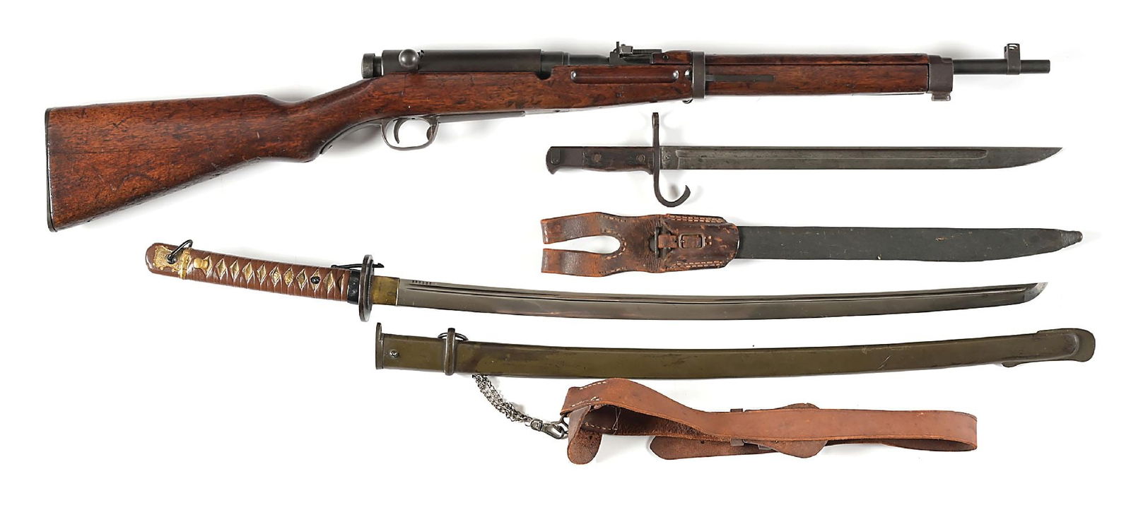 (C) MUKDEN ARSENAL TYPE 38 CARBINE, BAYONET, AND SWORD WITH ASSOCIATED CAPTURE PAPERS.: This lot is accompanied by a photocopied October 15, 1945 dated Certificate of Retention from Cabanatuan, Luzon (Philippines) recording trophies of a Sargent Charles S. Lake of the 148th Infantry. Ori