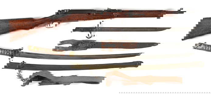 (C) MUKDEN ARSENAL TYPE 38 CARBINE, BAYONET, AND SWORD WITH ASSOCIATED CAPTURE PAPERS.: This lot is accompanied by a photocopied October 15, 1945 dated Certificate of Retention from Cabanatuan, Luzon (Philippines) recording trophies of a Sargent Charles S. Lake of the 148th Infantry. Ori