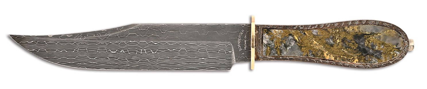 JIM SORNBERGER BLACK GOLD QUARTZ BOWIE KNIFE.: California style knife by Jim Sornberger with a Damascus steel blade marked "J. SORNBERGER / VOLCANO CA". Small gold guard. Hidden tang construction with silver handle that features full inlay of blac