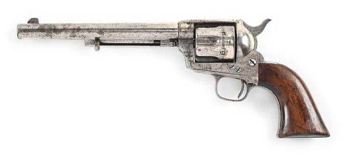(A) COLT SINGLE ACTION ARMY REVOLVER.: Manufactured in 1880. Matching serial numbers on the frame, trigger guard and backstrap. The last four numbers of the serial number are on the barrel, cylinder and the grip. Single line address on top