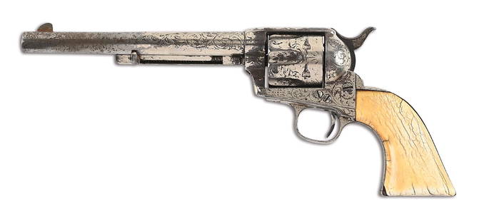 (A) ENGRAVED COLT SINGLE ACTION ARMY REVOLVER (1883).: Circa 1883 per serial number. With approximately B class engraving of acanthus scroll and geometrics, very similar to known Helfricht examples. Matching numbers observed on frame, trigger guard assemb