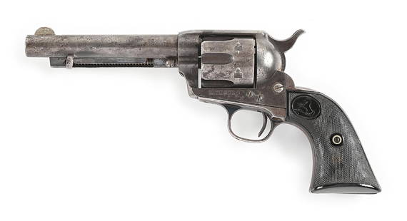 (A) COLT SINGLE ACTION ARMY REVOLVER (1891).: Dates to 1891. Grips are not numbered but fit tightly. Features the standard one line Colt barrel address, black powder screw-in frame and a period applied large front sight with sight cut to its rear