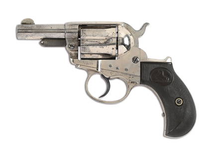 (A) FINE ETCHED PANEL COLT MODEL 1877 LIGHTNING .38 COLT DOUBLE ACTION REVOLVER.: Manufactured in 1882. This is a desirable 2 1/2" Sheriff model with etched panel, nickel finish, gutta percha grips, and high polish blue on trigger and hammer upper. Barrel wears the short two line C