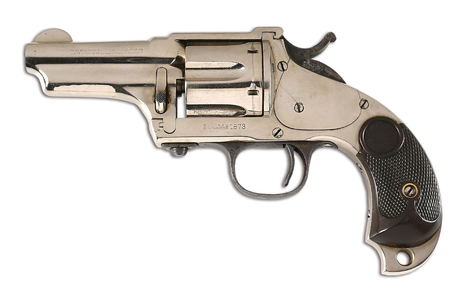(A) MERWIN & HULBERT POCKET ARMY SINGLE ACTION REVOLVER.: The third model was manufactured between 1883 and 1886. It has a six shot fluted cylinder. On this variation the top strap has been added. Two line address and patent dates on the left side of the bar