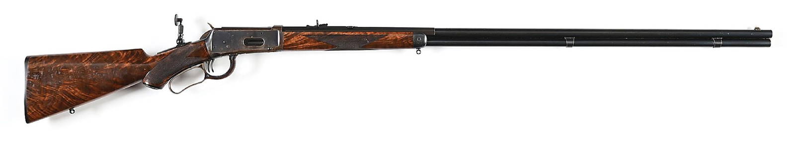 (C) LIKELY UNIQUE 36" DELUXE WINCHESTER MODEL 1894 LEVER ACTION RIFLE WITH CHEEK PIECE.: Circa 1907 per Madis. This highly unusual rifle sports a spliced and stretched 36" octagon to round barrel with full length magazine tube retained by 2 hangers, German silver dovetailed front sight, a
