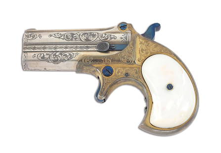 (A) ENGRAVED REMINGTON MODEL 95 .41 RF OVER/UNDER DERRINGER, EX. DRUMMOND.: Classically configured pocket derringer with two line "E. Remington & Sons Ilion NY / Elliot's Patent Dec 12th 1865". With acanthus scroll engraving in the New York style with geometric elements throu