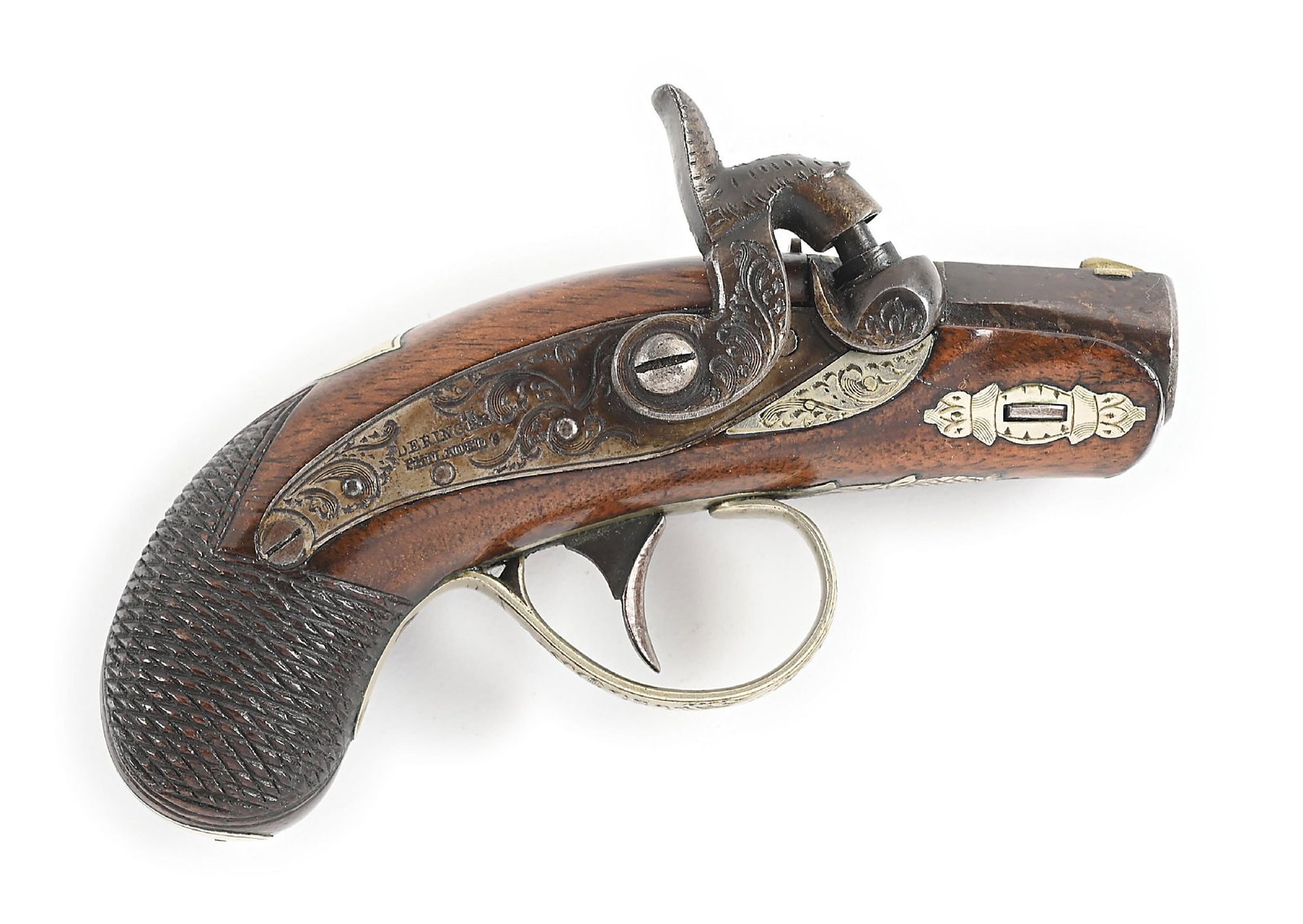 (A) DERINGER PEANUT PERCUSSION DERRINGER.: A true peanut sized derringer, the barrel measures 15/16", 1 - 1/2" over the breech, and 4 - 1/4" overall. Teardrop barrel with flattened top rib, dovetailed German silver blade front sight and rich "