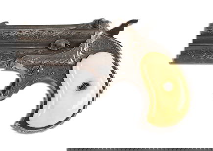(C) ENGRAVED TYPE 2 MODEL 3 REMINGTON MODEL 95 .41 RF OVER/UNDER DERERINGER, EX. DRUMMOND.: This type was available from 1888 through 1911. This derringer is silver plated with near full coverage of arabesque scroll engraving and ivory grips. "Remington Arms Co Ilion NY" legend on top of bar