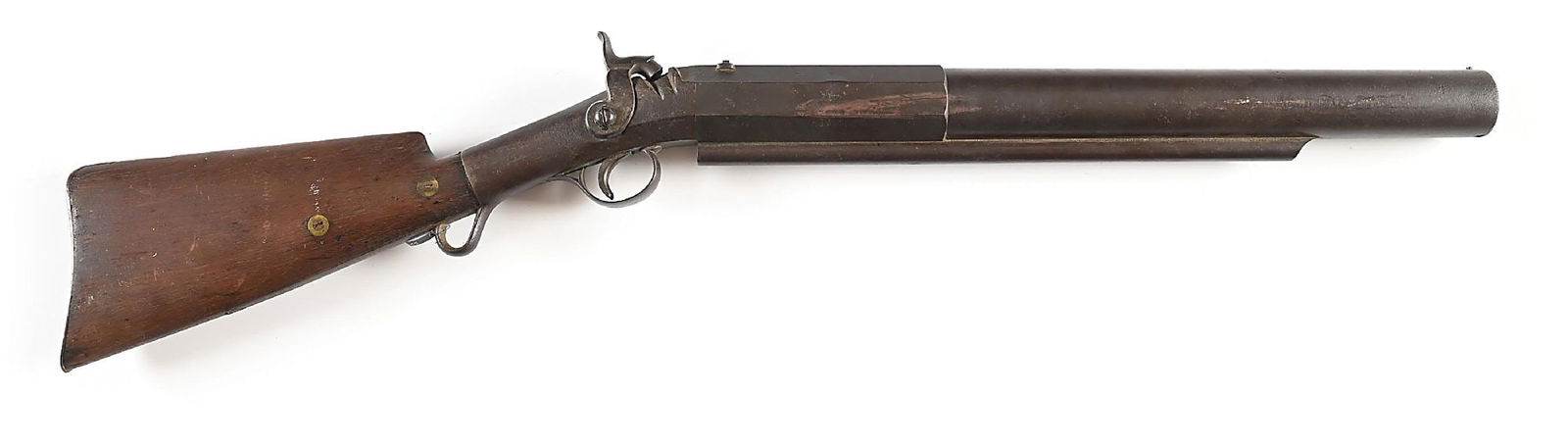 (A) PERCUSSION WHALING GUN, LIKELY CC BRAND.: Unmarked, which is the norm for the guns made by CC Brand. Manufactured in Norwich circa 1850. Standard form with simple bead and notch signs with fishform cock, walnut stock, and octagonal to round b
