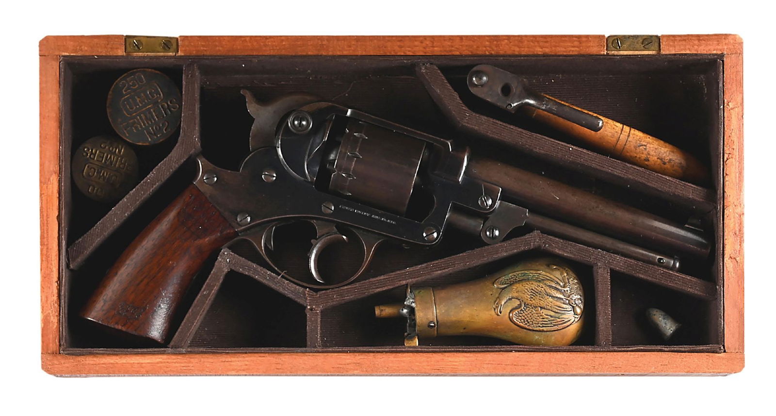 (A) CASED MARTIAL STARR MODEL 1858 ARMY DOUBLE ACTION PERCUSSION REVOLVER.: Of standard configuration as would be issued during the Civil War with polish blued finish, blade front sight, and 1-piece walnut grips. Military subinspection marks present throughout. Grips have box