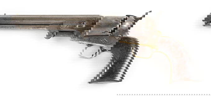(A) MARTIAL COLT MODEL 1851 NAVY PERCUSSION REVOLVER WITH HOLSTER.: Manufactured in 1856. Classic octagon barrel rollmarked with the New York address and stamped on the left with an "A" subinspection mark. Brass pin front sight and hammer notch rear. "A" subinspected