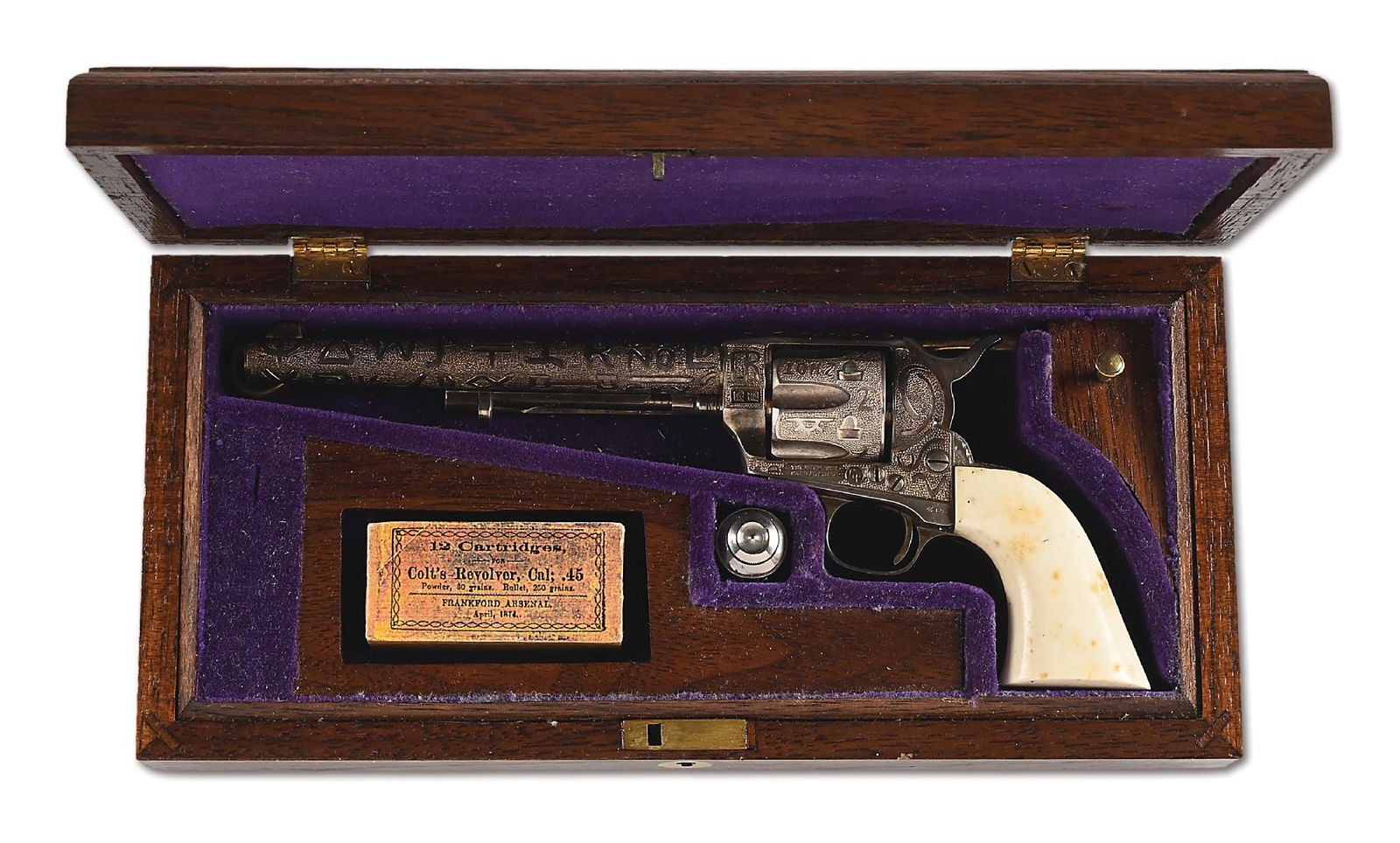 EXCEPTIONAL CASED, SILVER PLATED, AND CATTLE BRAND ENGRAVED MINIATURE REVOLVER AFTER A COLT SINGLE: This is a stunning miniature of a 7 1/2" black powder frame Colt SAA fully engraved in Cole Agee Cattle Brand style, silver plated with ivory grips and cased in walnut presentation box with an empty 1