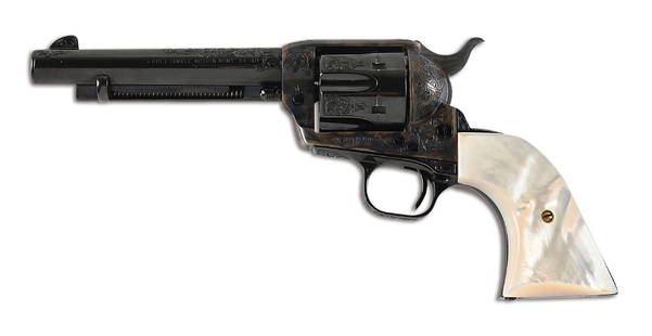 (M) FACTORY ENGRAVED COLT SINGLE ACTION ARMY REVOLVER (1996): Circa 1996 per Colt's serial number lookup. Classic profile with blade front sight, one line Hartford address across top of barrel, left side of barrel with Colt model and caliber designation, frame w