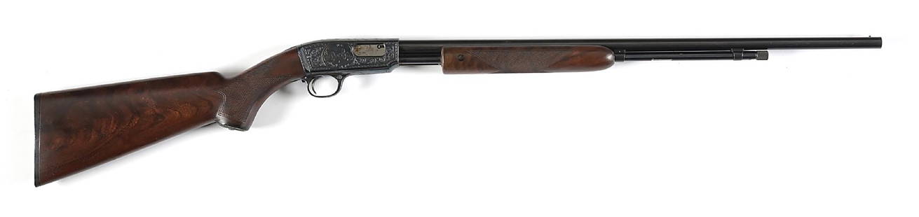 (C) LOVELY ENGRAVED SMOOTBORE WINCHESTER MODEL 61 SLIDE ACTION RIFLE.: Manufactured circa 1942. Scarce "FOR SHOT ONLY" rollmarked smoothbore barrel with single bead sight. Takedown receiver features attractive factory style engraving featuring central vignettes on each s