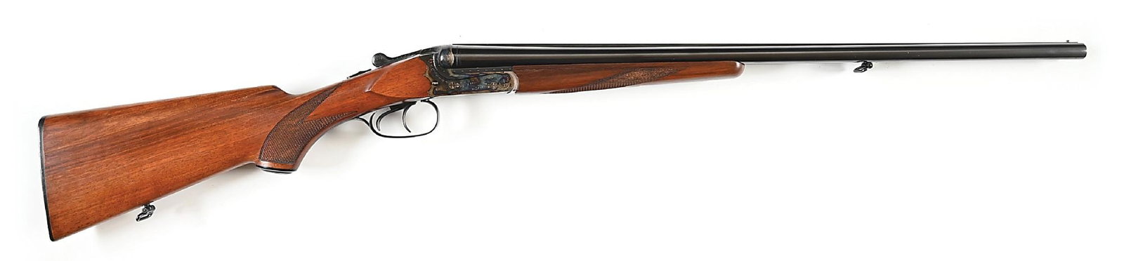 (M) GERBRUDER MERKLE MODEL 47E SIDE BY SIDE 20 GAUGE SHOTGUN: Circa April 1977 per "477" code on barrel flats. Shoe lump barrels with a brass mushroom front sight on a solid slightly concave matte rib. Legends on left tube for Merkel and manufacture in the Germa