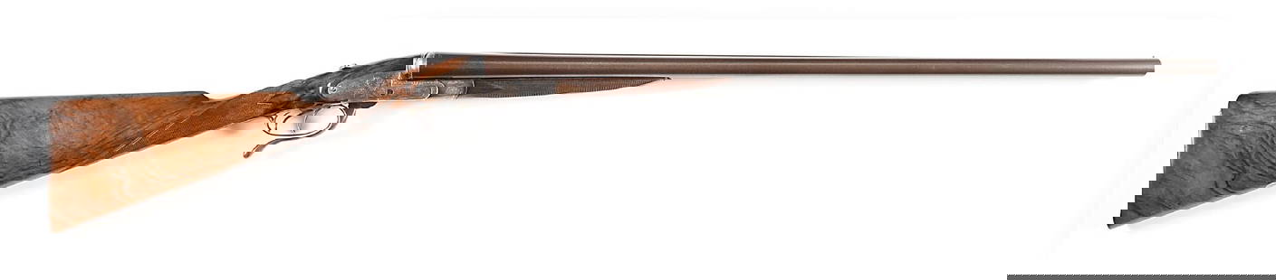 (A) JOSEPH LANG & SON UNDER LEVER SNAP ACTION SIDE BY SIDE SHOTGUN.: Circa 1885 per "British Gunmakers: Volume One - London" by Brown. Chain Damascus dovetail lump barrels with wide, smooth rib fit with a mushroom bead front sight, and indistinctly rollmarked towards t